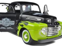 1948 Ford F-1 Pickup Truck Harley Davidson With 1948 FL Panhead Motorcycle Black/Green 1/24 Maisto 32171