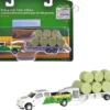 Ford F-350 Pickup Truck "John Deere" White and Green with Flatbed Trailer and Bales 1/64 Diecast Model by ERTL TOMY