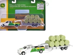 Ford F-350 Pickup Truck "John Deere" White and Green with Flatbed Trailer and Bales 1/64 Diecast Model by ERTL TOMY