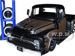 1956 Ford F-100 Pickup Truck Matt Black Champagne with Flames Extra Wheels Just Trucks Series 1/24 Diecast Model Car Jada 34026