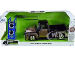 1956 Ford F-100 Pickup Truck Matt Black Champagne with Flames Extra Wheels Just Trucks Series 1/24 Diecast Model Car Jada 34026