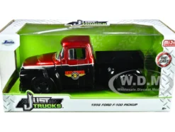 1956 Ford F 100 Pickup Truck Mickey Thompson Performance Tires & Wheels Black and Red Metallic Just Trucks Series 1/24 Diecast Model Car Jada 34306
