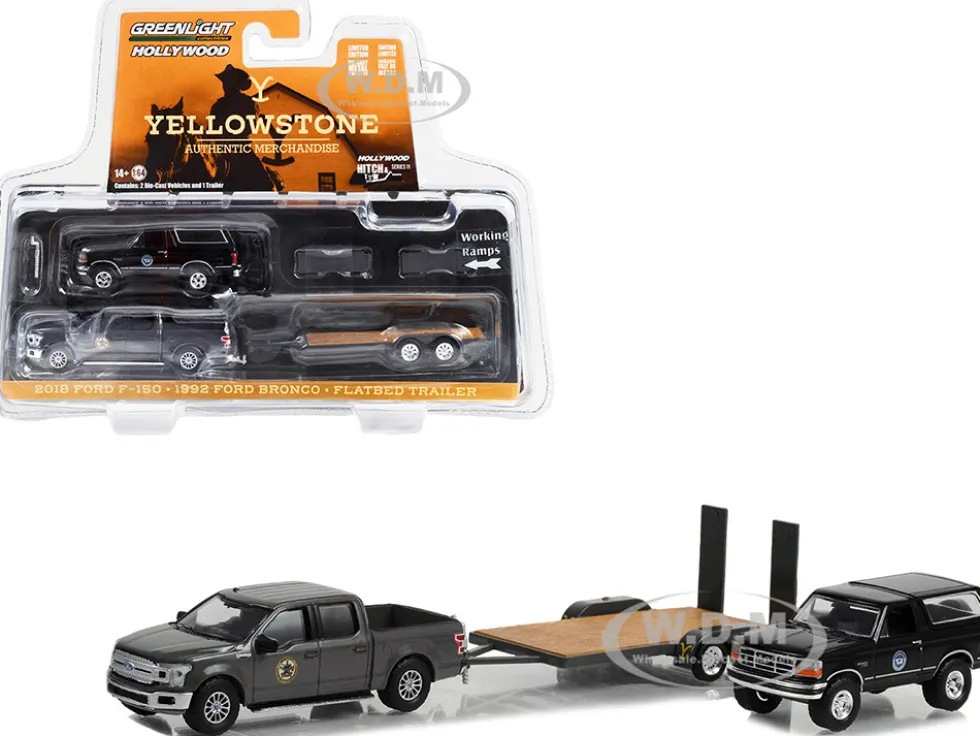 2018 Ford F-150 Pickup Truck Montana Livestock Association Gray 1992 Ford Bronco Montana Livestock Association Black Flatbed Car Trailer Yellowstone 2018-Current TV Series Hollywood Hitch & Tow Series 11 1/64 Diecast Model Cars Greenlight 31150C