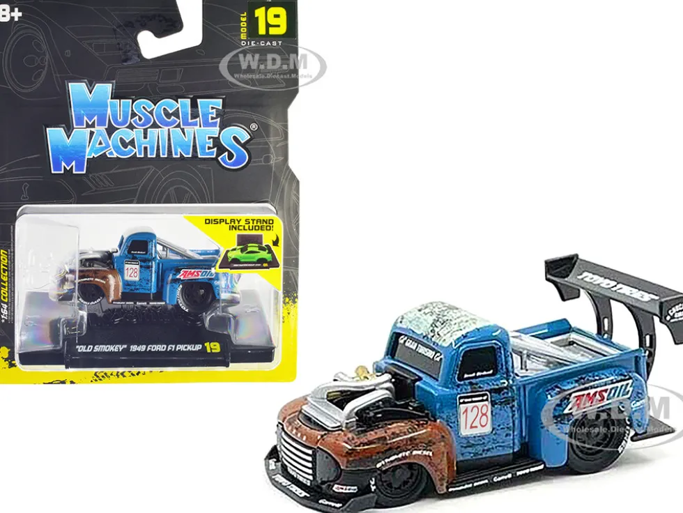 1949 Ford F1 Pickup Truck #128 Old Smokey Blue and Brown Weathered 1/64 Diecast Model Car Muscle Machines 15559BL