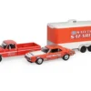 1969 Ford F-250 Pickup Truck Red and 1969 Chevrolet Camaro Z28 "Dan Fletcher" Orange with White Hood "NHRA Safety Team" with Enclosed Car Trailer "Racing Hitch & Tow" Series 6 1/64 Diecast Model Cars by Greenlight