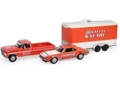 1969 Ford F-250 Pickup Truck Red and 1969 Chevrolet Camaro Z28 "Dan Fletcher" Orange with White Hood "NHRA Safety Team" with Enclosed Car Trailer "Racing Hitch & Tow" Series 6 1/64 Diecast Model Cars by Greenlight