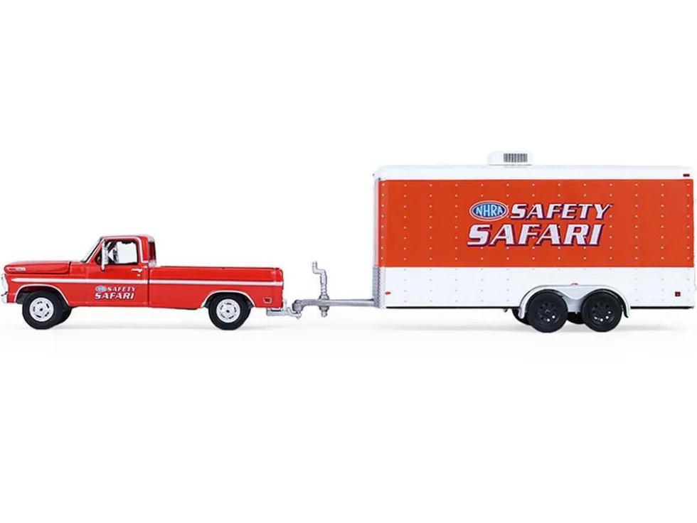 1969 Ford F-250 Pickup Truck Red and 1969 Chevrolet Camaro Z28 "Dan Fletcher" Orange with White Hood "NHRA Safety Team" with Enclosed Car Trailer "Racing Hitch & Tow" Series 6 1/64 Diecast Model Cars by Greenlight