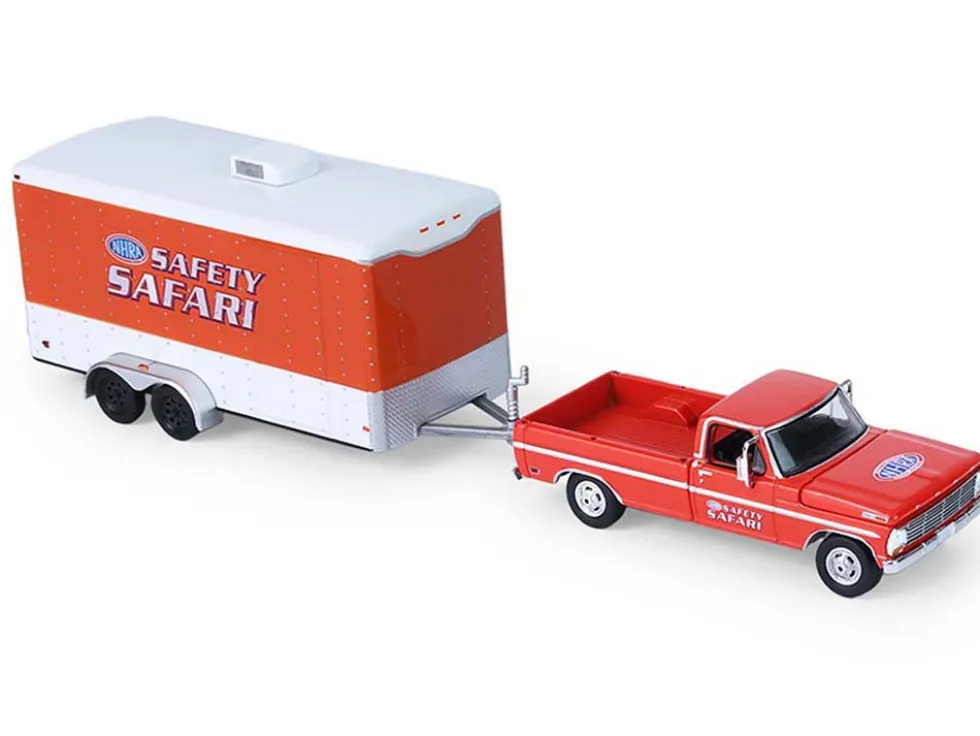 1969 Ford F-250 Pickup Truck Red and 1969 Chevrolet Camaro Z28 "Dan Fletcher" Orange with White Hood "NHRA Safety Team" with Enclosed Car Trailer "Racing Hitch & Tow" Series 6 1/64 Diecast Model Cars by Greenlight