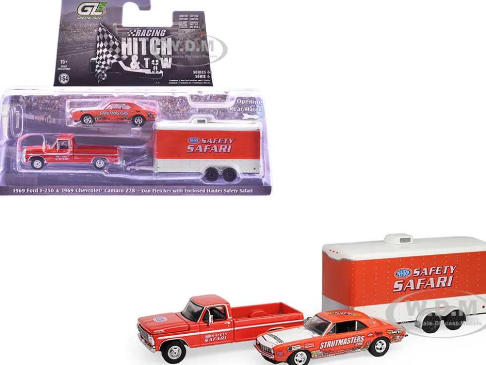 1969 Ford F-250 Pickup Truck Red and 1969 Chevrolet Camaro Z28 "Dan Fletcher" Orange with White Hood "NHRA Safety Team" with Enclosed Car Trailer "Racing Hitch & Tow" Series 6 1/64 Diecast Model Cars by Greenlight