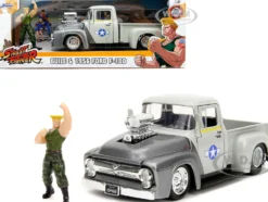 1956 Ford F-100 Pickup Truck Tan and Gray Metallic and Guile Diecast Figure Street Fighter Video Game Anime Hollywood Rides Series 1/24 Diecast Model Car Jada 34373
