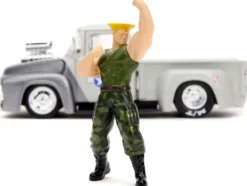 1956 Ford F-100 Pickup Truck Tan and Gray Metallic and Guile Diecast Figure Street Fighter Video Game Anime Hollywood Rides Series 1/24 Diecast Model Car Jada 34373