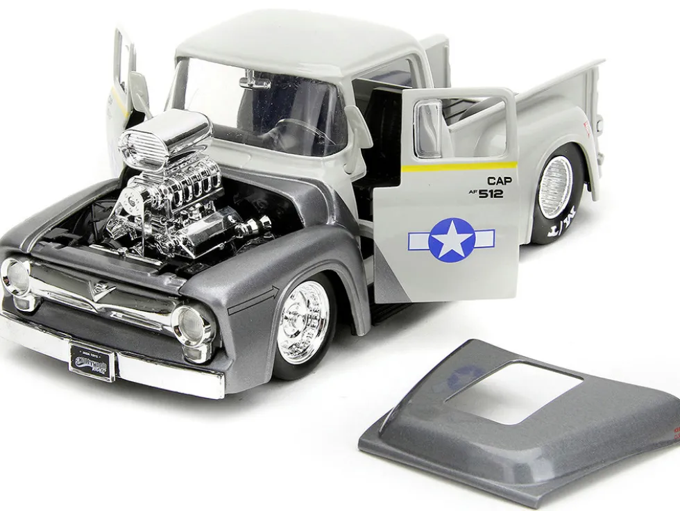 1956 Ford F-100 Pickup Truck Tan and Gray Metallic and Guile Diecast Figure Street Fighter Video Game Anime Hollywood Rides Series 1/24 Diecast Model Car Jada 34373