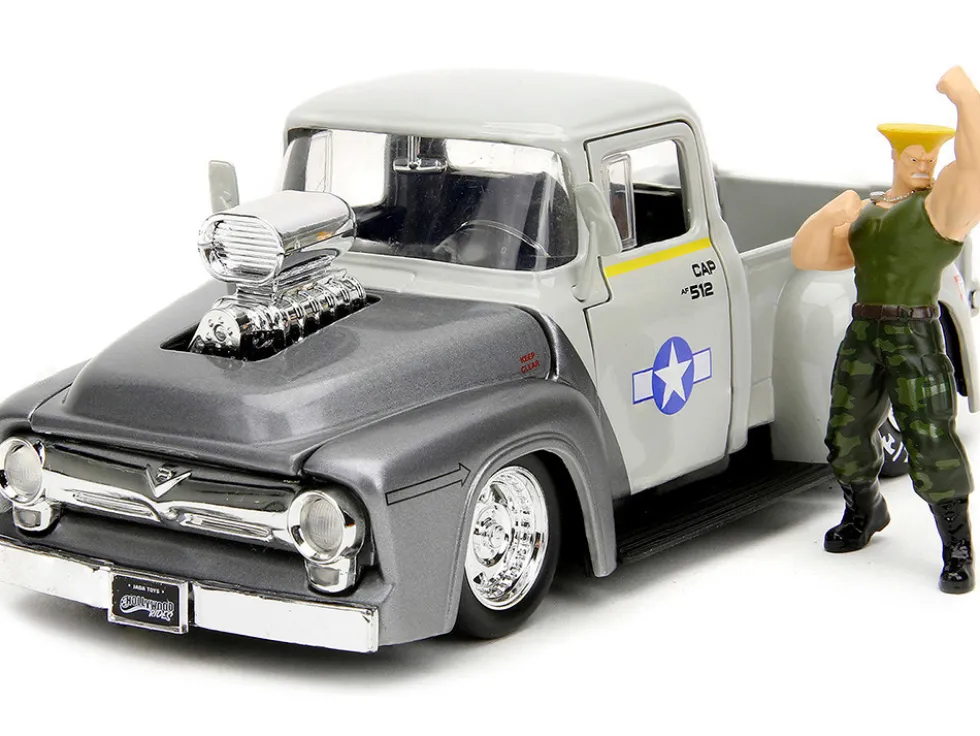 1956 Ford F-100 Pickup Truck Tan and Gray Metallic and Guile Diecast Figure Street Fighter Video Game Anime Hollywood Rides Series 1/24 Diecast Model Car Jada 34373