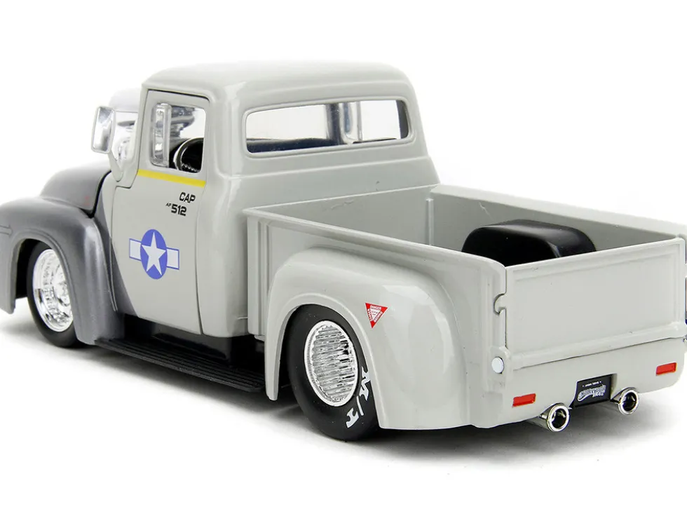 1956 Ford F-100 Pickup Truck Tan and Gray Metallic and Guile Diecast Figure Street Fighter Video Game Anime Hollywood Rides Series 1/24 Diecast Model Car Jada 34373
