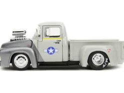1956 Ford F-100 Pickup Truck Tan and Gray Metallic and Guile Diecast Figure Street Fighter Video Game Anime Hollywood Rides Series 1/24 Diecast Model Car Jada 34373