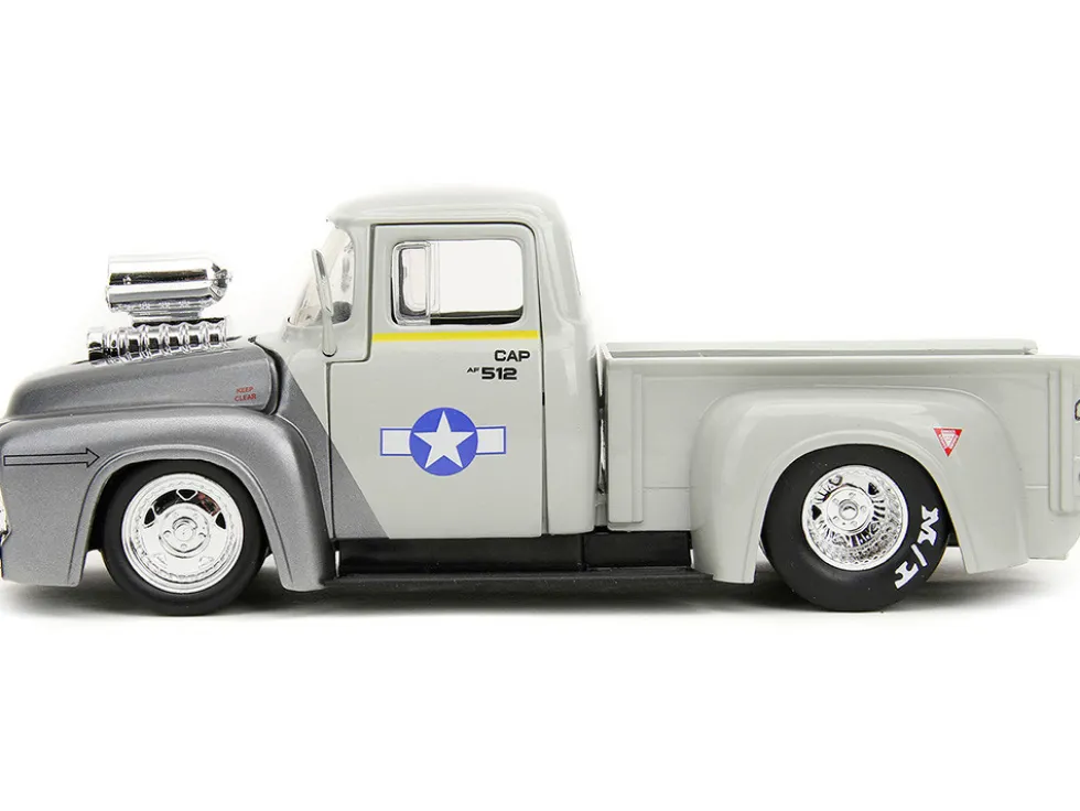 1956 Ford F-100 Pickup Truck Tan and Gray Metallic and Guile Diecast Figure Street Fighter Video Game Anime Hollywood Rides Series 1/24 Diecast Model Car Jada 34373