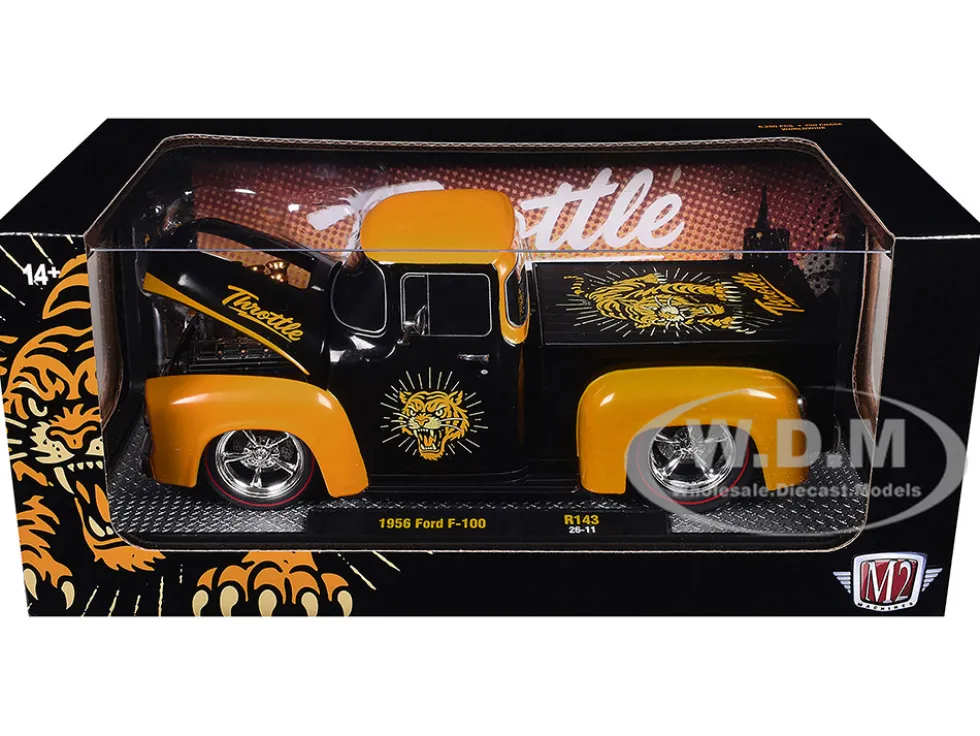 1956 Ford F-100 Pickup Truck "Throttle" Black with Brown Top and Fenders with Graphics Limited Edition to 6250 pieces Worldwide 1/24 Diecast Model Car by M2 Machines