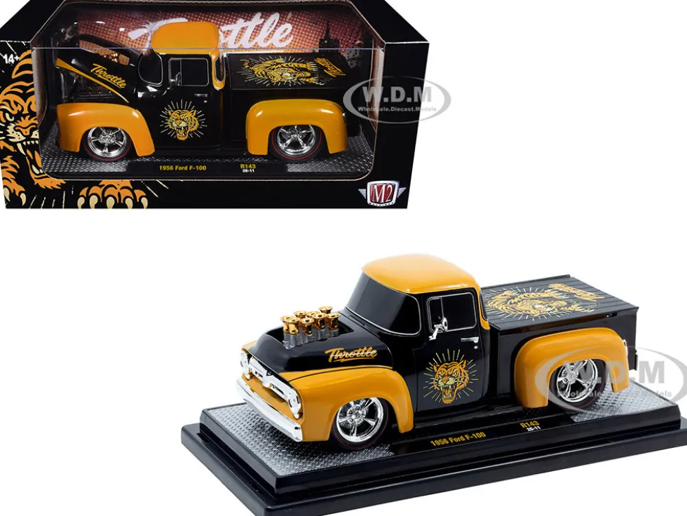1956 Ford F-100 Pickup Truck "Throttle" Black with Brown Top and Fenders with Graphics Limited Edition to 6250 pieces Worldwide 1/24 Diecast Model Car by M2 Machines