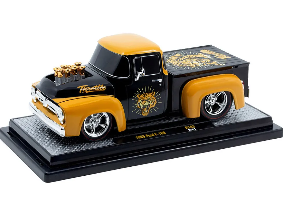 1956 Ford F-100 Pickup Truck "Throttle" Black with Brown Top and Fenders with Graphics Limited Edition to 6250 pieces Worldwide 1/24 Diecast Model Car by M2 Machines
