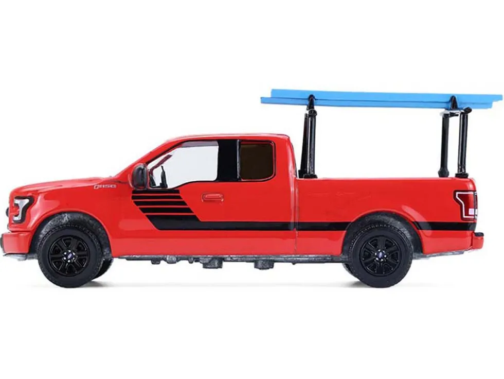 2015 Ford F-150 Pickup Truck with Ladder Rack Red with Black Stripes "Down on the Farm" Series 11 1/64 Diecast Model by Greenlight