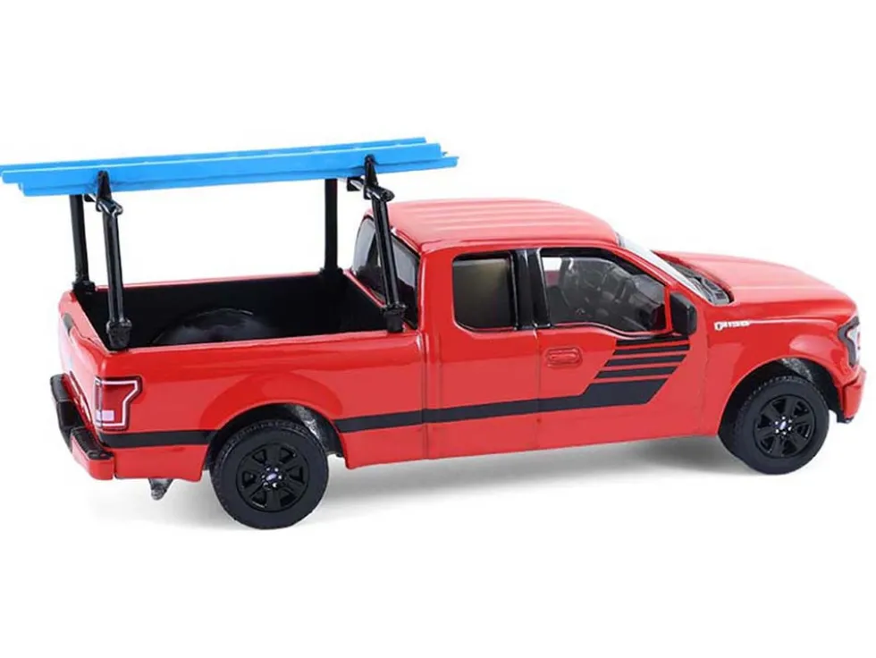 2015 Ford F-150 Pickup Truck with Ladder Rack Red with Black Stripes "Down on the Farm" Series 11 1/64 Diecast Model by Greenlight