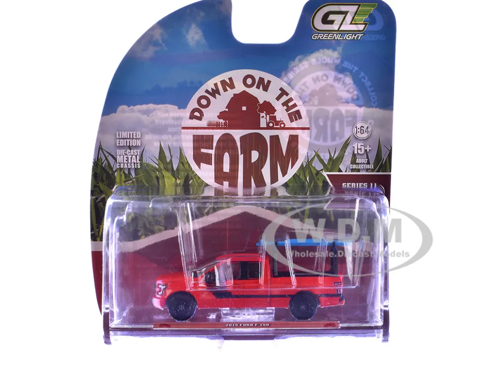 2015 Ford F-150 Pickup Truck with Ladder Rack Red with Black Stripes "Down on the Farm" Series 11 1/64 Diecast Model by Greenlight