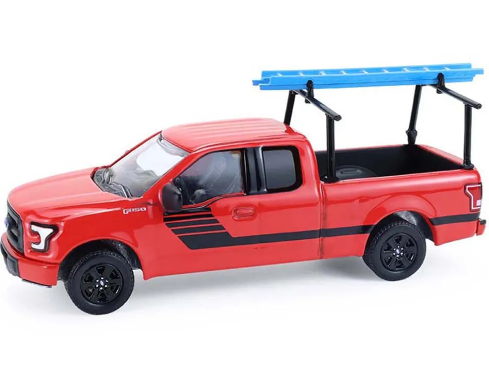 2015 Ford F-150 Pickup Truck with Ladder Rack Red with Black Stripes "Down on the Farm" Series 11 1/64 Diecast Model by Greenlight