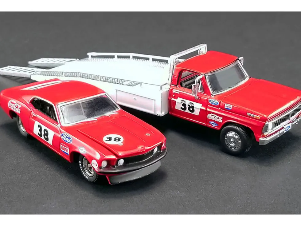 Ford F-350 Ramp Truck #38 Red White 1969 Ford Mustang Trans Am #38 Red Coca-Cola Allan Moffat Racing DDA Collectibles Series ACME Exclusive 1/64 Diecast Model Cars Greenlight ACME 51269