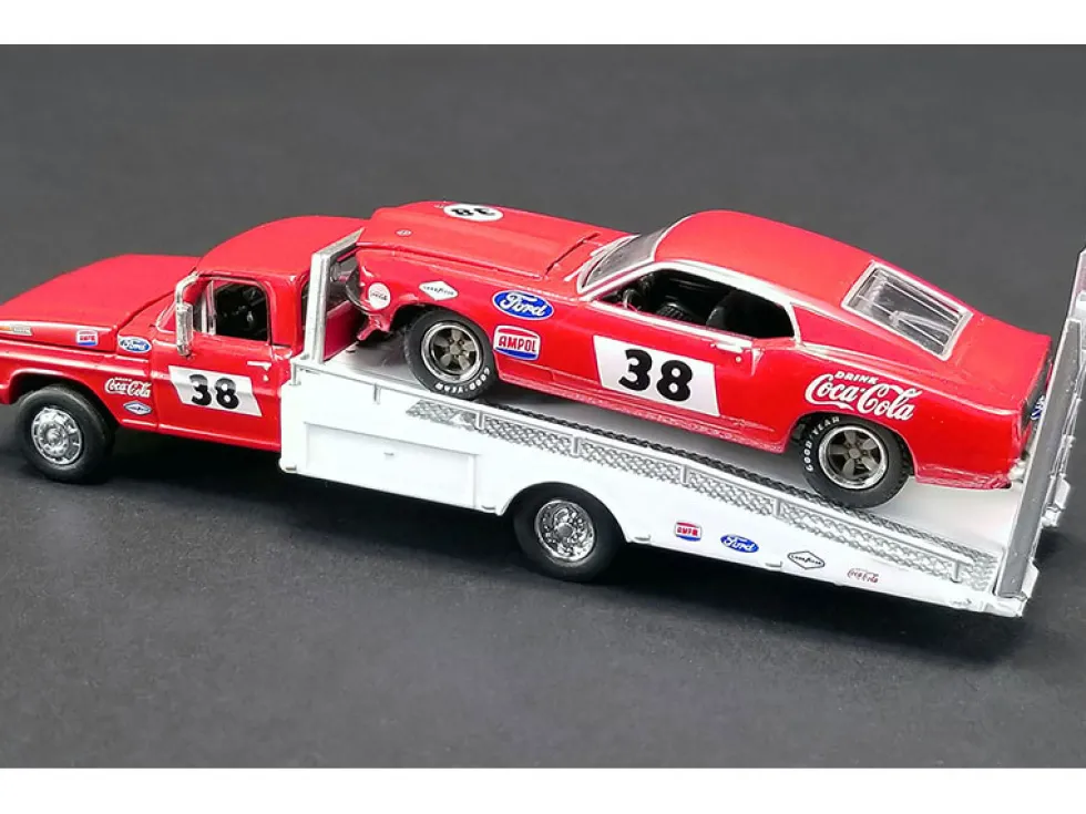 Ford F-350 Ramp Truck #38 Red White 1969 Ford Mustang Trans Am #38 Red Coca-Cola Allan Moffat Racing DDA Collectibles Series ACME Exclusive 1/64 Diecast Model Cars Greenlight ACME 51269