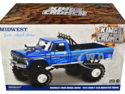 1974 Ford F-250 Ranger XLT Monster Truck 48-Inch Tires Blue Metallic Midwest Four Wheel Drive Center Kings of Crunch Series 1/18 Diecast Model Car Greenlight 13605