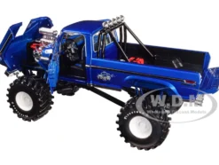 1974 Ford F-250 Ranger XLT Monster Truck 48-Inch Tires Blue Metallic Midwest Four Wheel Drive Center Kings of Crunch Series 1/18 Diecast Model Car Greenlight 13605