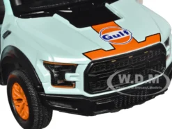 2017 Ford F 150 Raptor Pickup Truck Light Blue with Orange Stripes Gulf Oil Gulf Die Cast Collection 1/27 Diecast Model Car Motormax 79665GULF