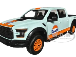 2017 Ford F 150 Raptor Pickup Truck Light Blue with Orange Stripes Gulf Oil Gulf Die Cast Collection 1/27 Diecast Model Car Motormax 79665GULF