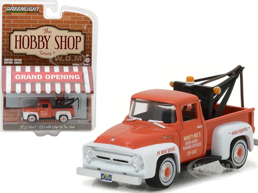 1956 Ford F-100 Red and White with Drop-in Tow Hook "The Hobby Shop" Series 1 1/64 Diecast Model Car Greenlight 97010 A
