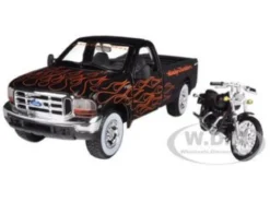 1999 Ford F-350 Super Duty Pickup 1/27 Black with Flames & 2002 FLSTB Night Train Harley Davidson 1/24 Maisto 32181