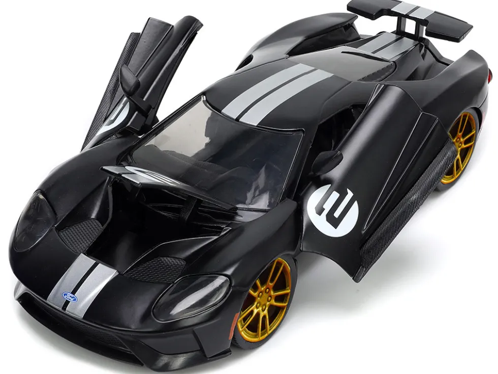 2017 Ford GT #2 Matt Black Silver Stripes Gold Wheels Bigtime Muscle Series 1/24 Diecast Model Car Jada 33882