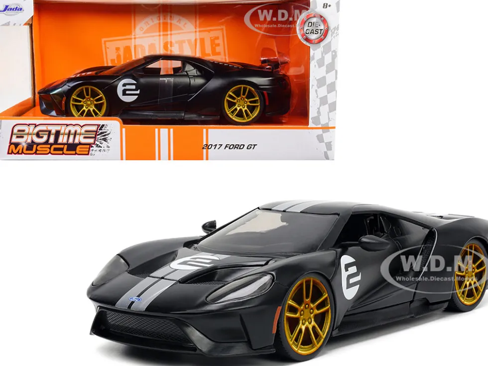 2017 Ford GT #2 Matt Black Silver Stripes Gold Wheels Bigtime Muscle Series 1/24 Diecast Model Car Jada 33882