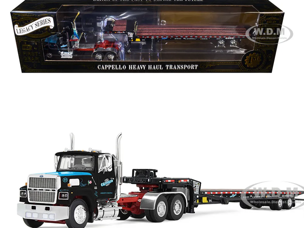 Ford LTL 9000 Day Cab and Landoll 440B-50CA Traveling Axle Trailer "Cappello Heavy Transport" Black with Blue Hood "Legacy" Series #3 1/64 Diecast Model by DCP/First Gear