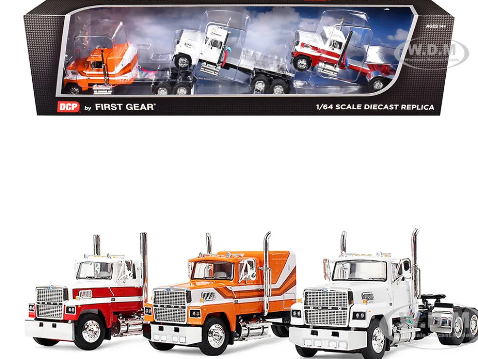 Ford LTL 9000 Trio Set (Two Day Cabs and One 60" Flat Top Sleeper) 1/64 Diecast Model by DCP/First Gear