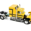 Ford LTL 9000 with 60" Aerodyne Sleeper and 53' Wilson Roadbrute Flatbed Trailer with Covered Wagon Yellow with Black Stripes 1/64 Diecast Model by DCP/First Gear