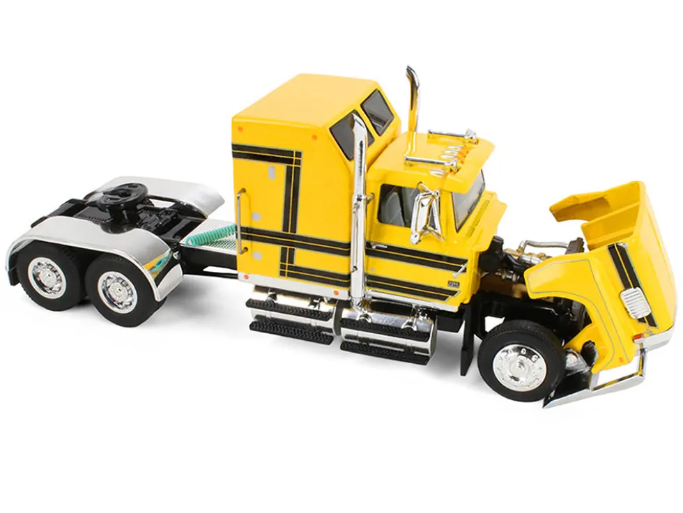 Ford LTL 9000 with 60" Aerodyne Sleeper and 53' Wilson Roadbrute Flatbed Trailer with Covered Wagon Yellow with Black Stripes 1/64 Diecast Model by DCP/First Gear