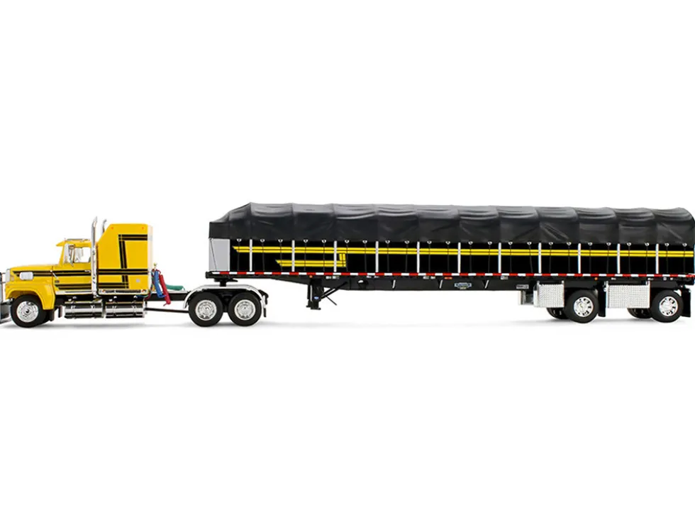 Ford LTL 9000 with 60" Aerodyne Sleeper and 53' Wilson Roadbrute Flatbed Trailer with Covered Wagon Yellow with Black Stripes 1/64 Diecast Model by DCP/First Gear