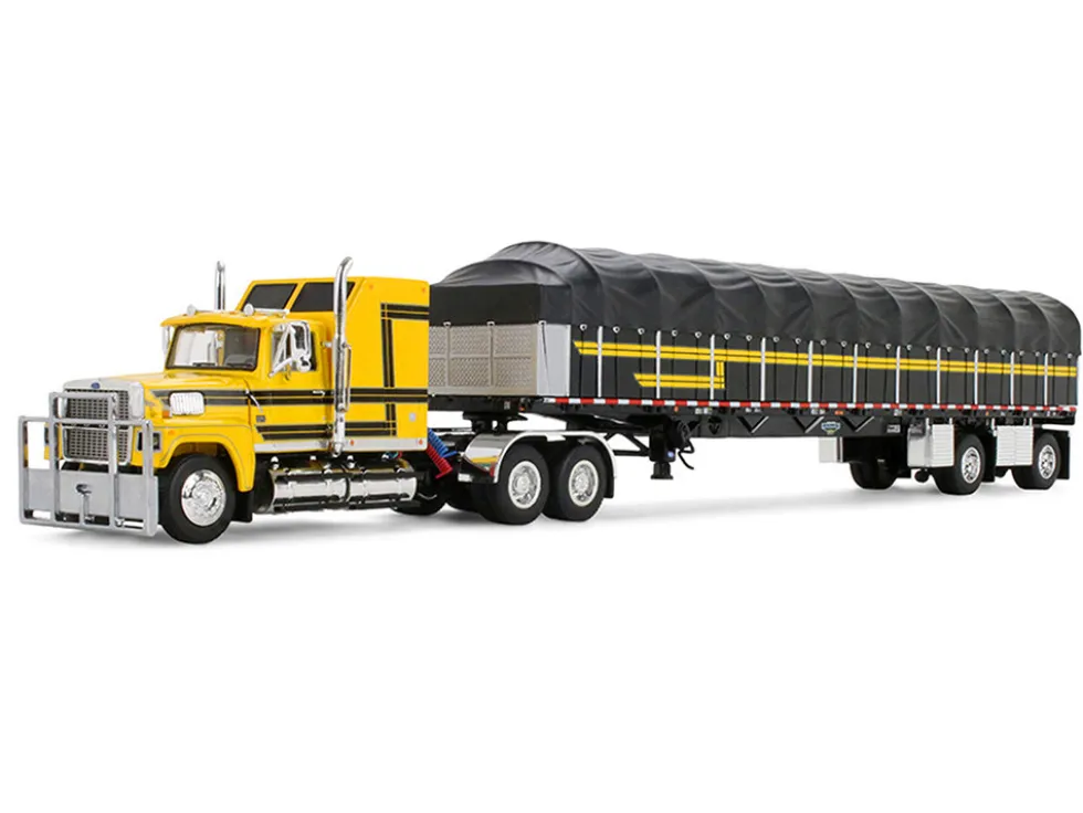 Ford LTL 9000 with 60" Aerodyne Sleeper and 53' Wilson Roadbrute Flatbed Trailer with Covered Wagon Yellow with Black Stripes 1/64 Diecast Model by DCP/First Gear