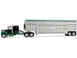 Ford LTL 9000 with 60" Flat Top Sleeper and 45' Wilson Vintage Livestock Trailer Black and Green 1/64 Diecast Model by DCP/First Gear