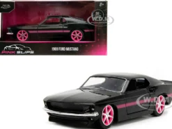 1969 Ford Mustang Black Metallic with Pink Stripes and Wheels Pink Slips Series 1/32 Diecast Model Car Jada 34853