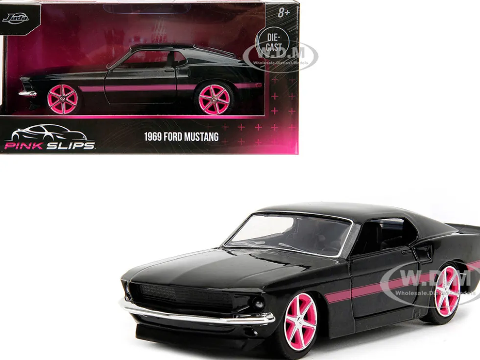 1969 Ford Mustang Black Metallic with Pink Stripes and Wheels Pink Slips Series 1/32 Diecast Model Car Jada 34853