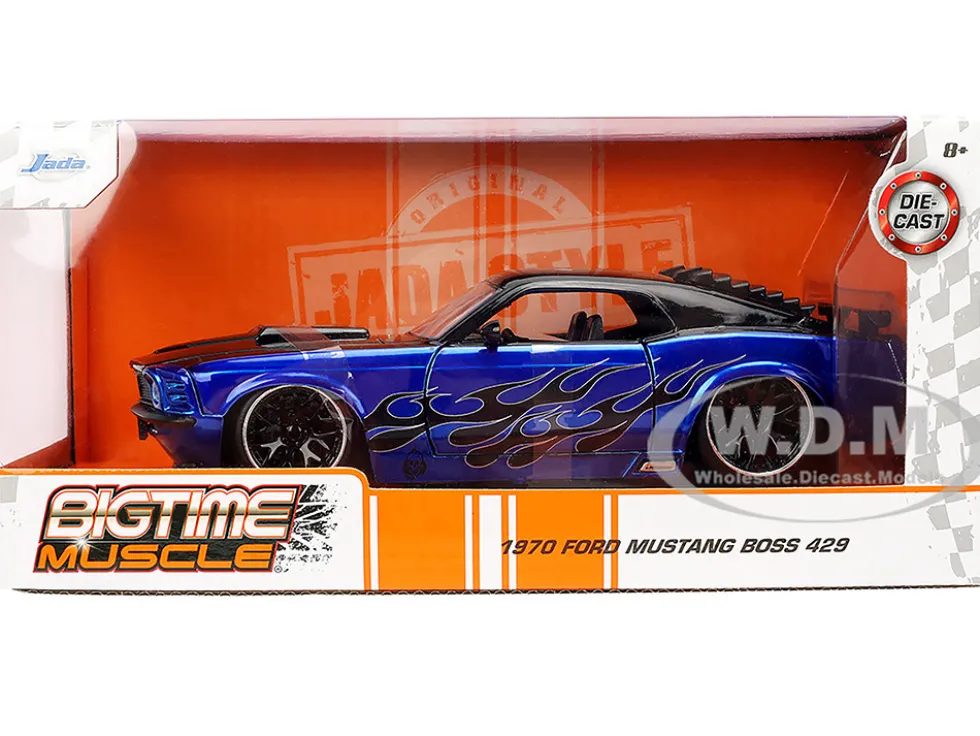 1970 Ford Mustang Boss 429 Black and Blue Metallic with Flames "Bigtime Muscle" Series 1/24 Diecast Model Car by Jada
