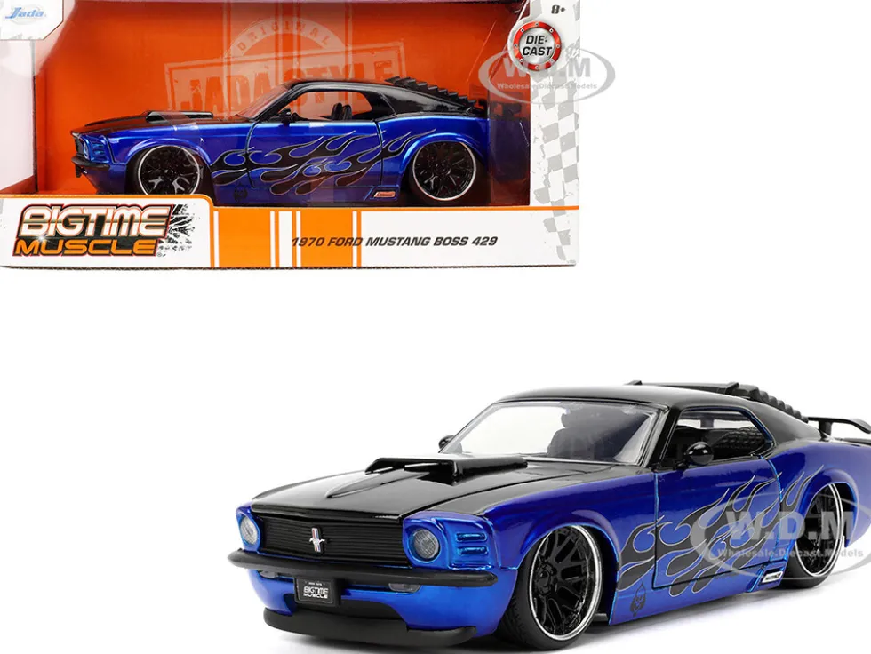 1970 Ford Mustang Boss 429 Black and Blue Metallic with Flames "Bigtime Muscle" Series 1/24 Diecast Model Car by Jada