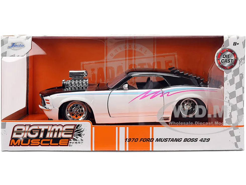 1970 Ford Mustang Boss 429 Black and White with Graphics "Bigtime Muscle" Series 1/24 Diecast Model Car by Jada