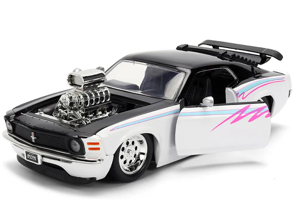 1970 Ford Mustang Boss 429 Black and White with Graphics "Bigtime Muscle" Series 1/24 Diecast Model Car by Jada